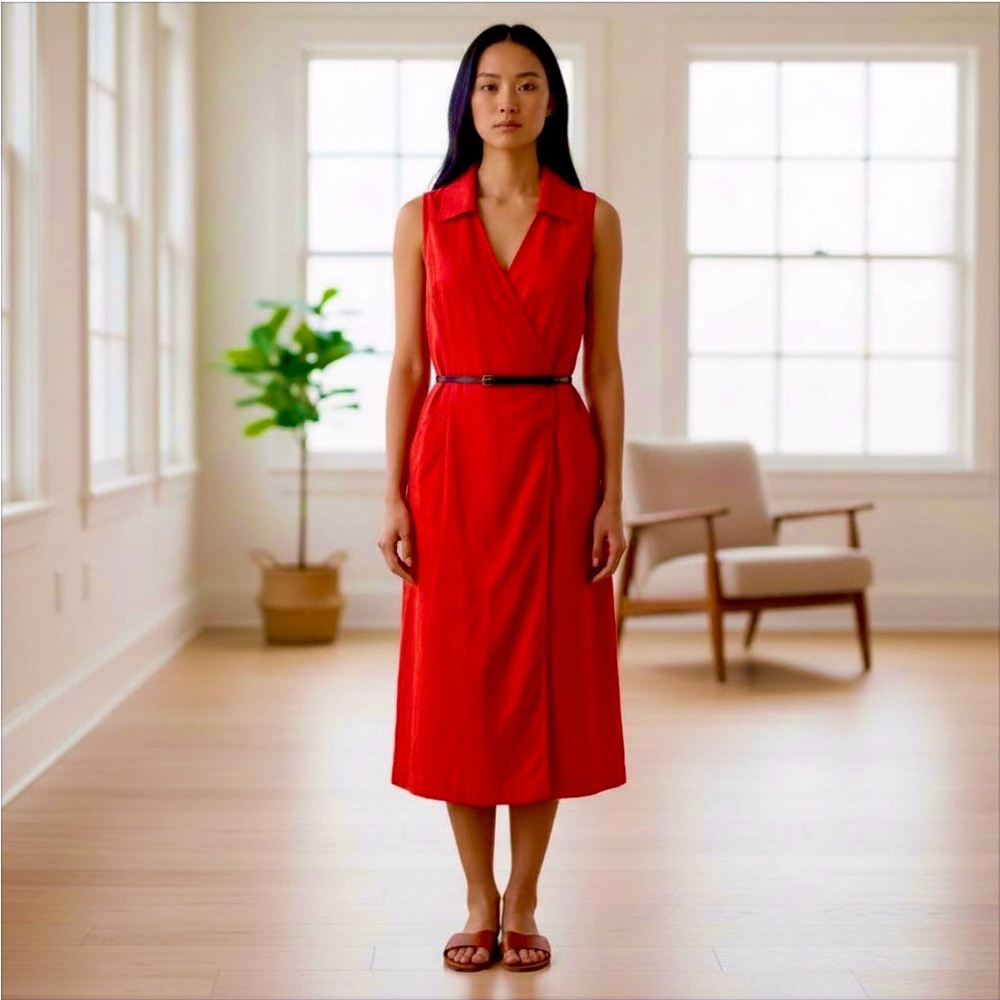 LINEN Vintage wrap dress sleeveless red orange color midi size 12 ANNE KLEIN